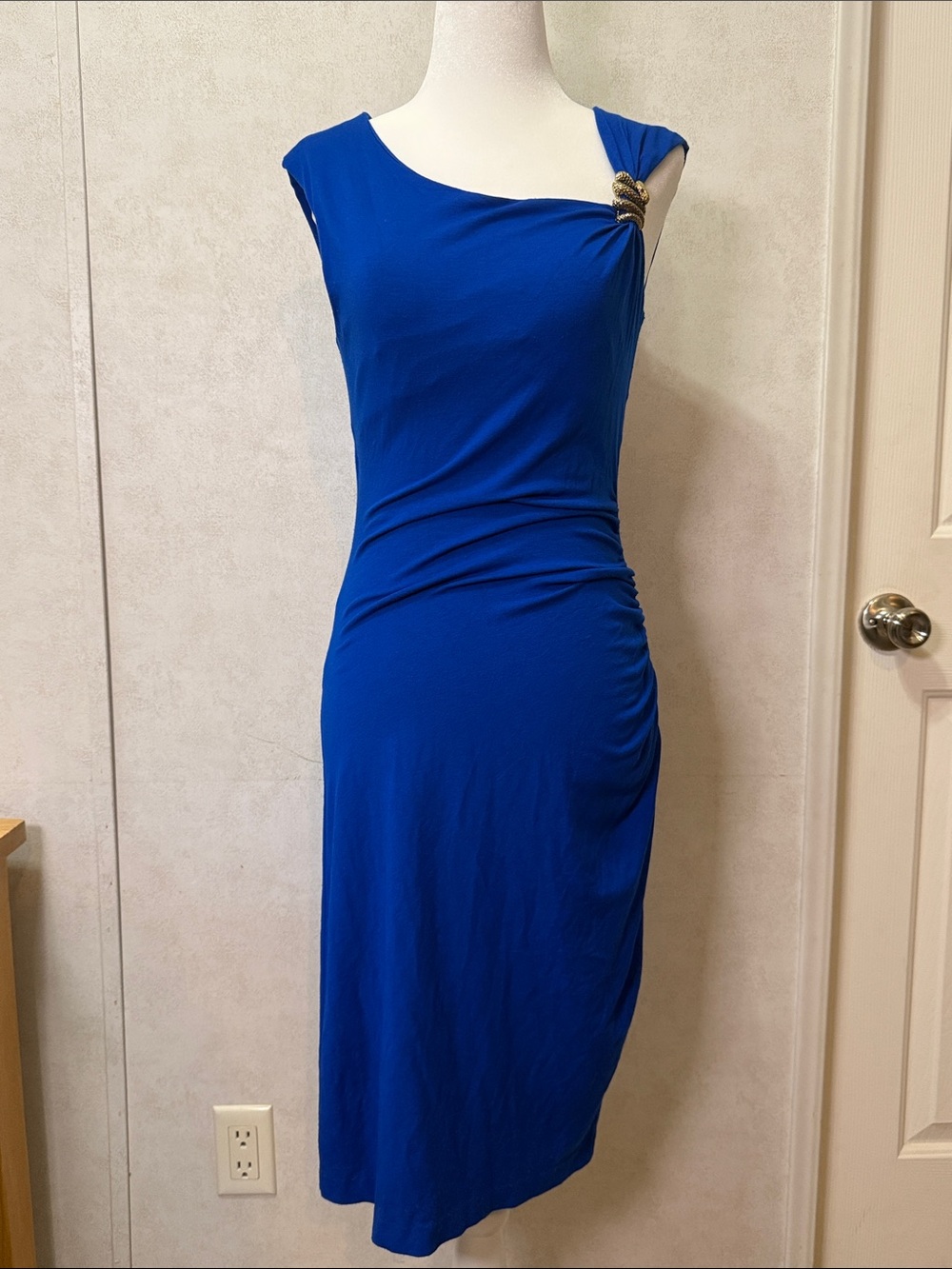 Cache Y2K Cobalt Blue Ruched Bodycon Midi Dress Snake Accent M